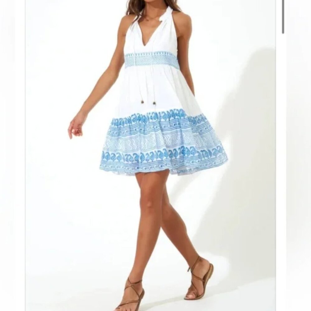 Oliphant Blue and White Halter Midi Dress